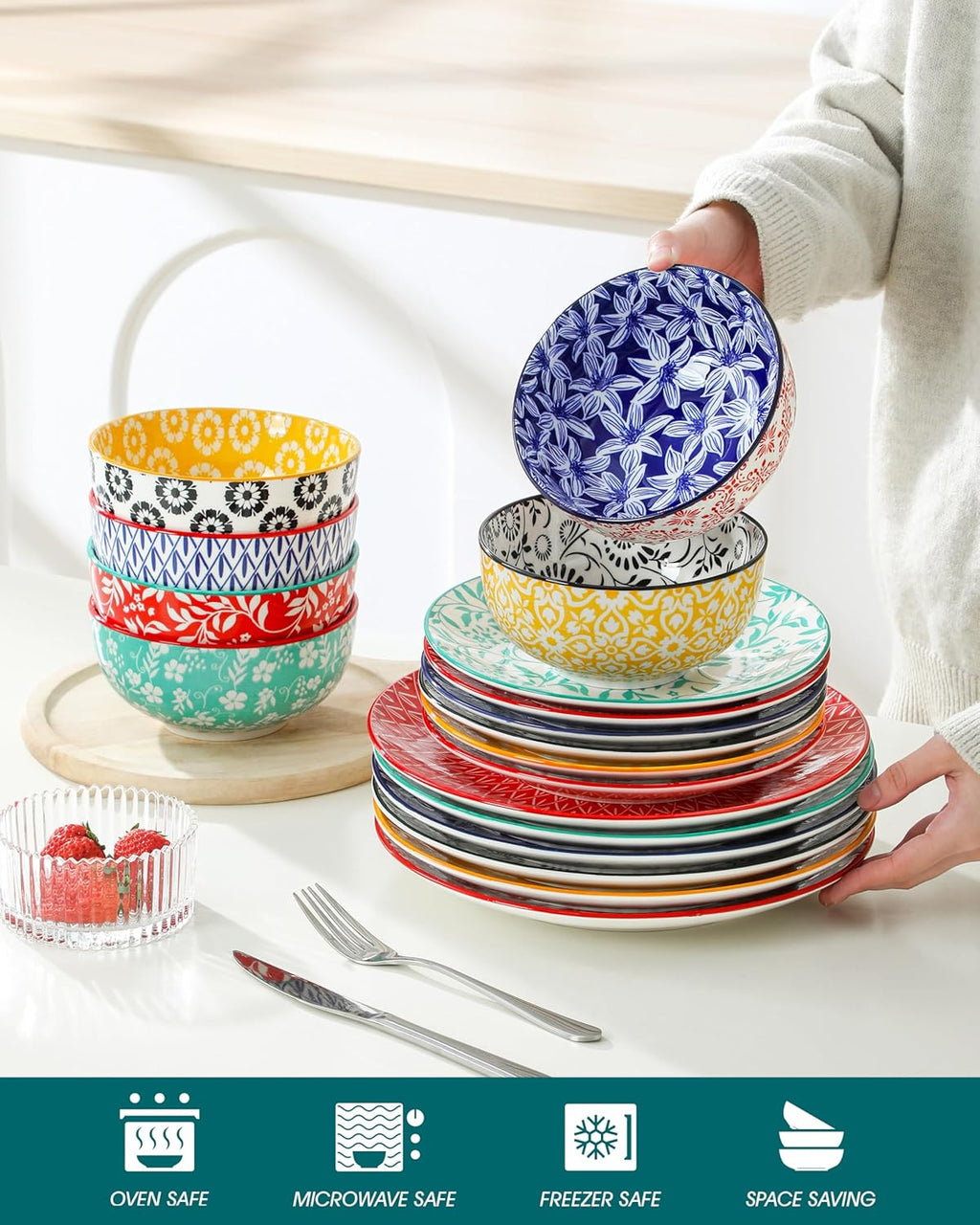 vancasso SELENE Plates and Bowls Set for 6, 18 Pieces Dinnerware Sets, Mircowave and Dishwasher Safe Dishes Set, Porcelain Muted Dinnerware