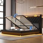 Lift Up Storage Bed Full, Bed Frame Full Size with Charging Station & Led Lights, Upholstered Storage Bed with Wingback 2-Tier Bookcase Headboard, Hydraulic Lift, No Box Spring Needed,Black | lift up bed, breathable material