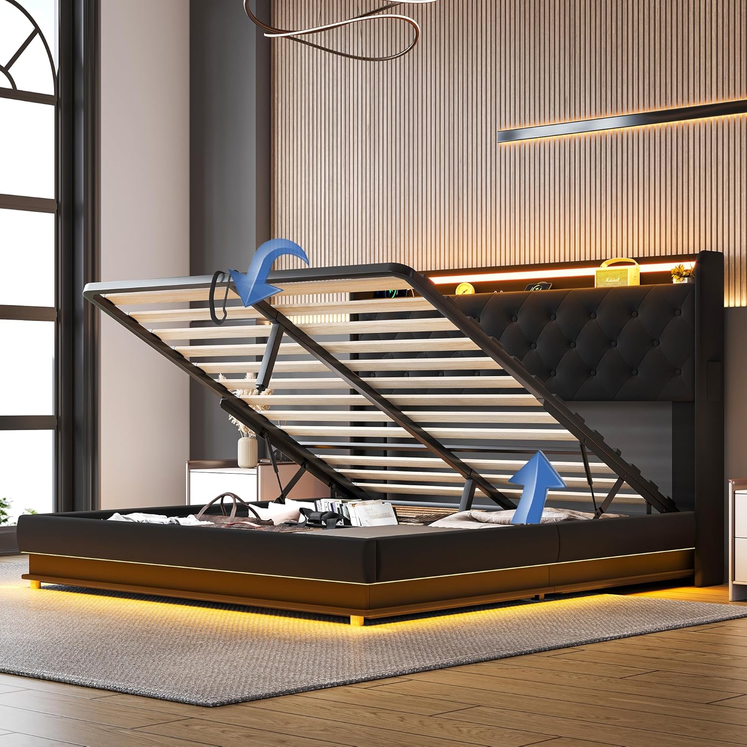 Lift Up Storage Bed Full, Bed Frame Full Size with Charging Station & Led Lights, Upholstered Storage Bed with Wingback 2-Tier Bookcase Headboard, Hydraulic Lift, No Box Spring Needed,Black | lift up bed, breathable material