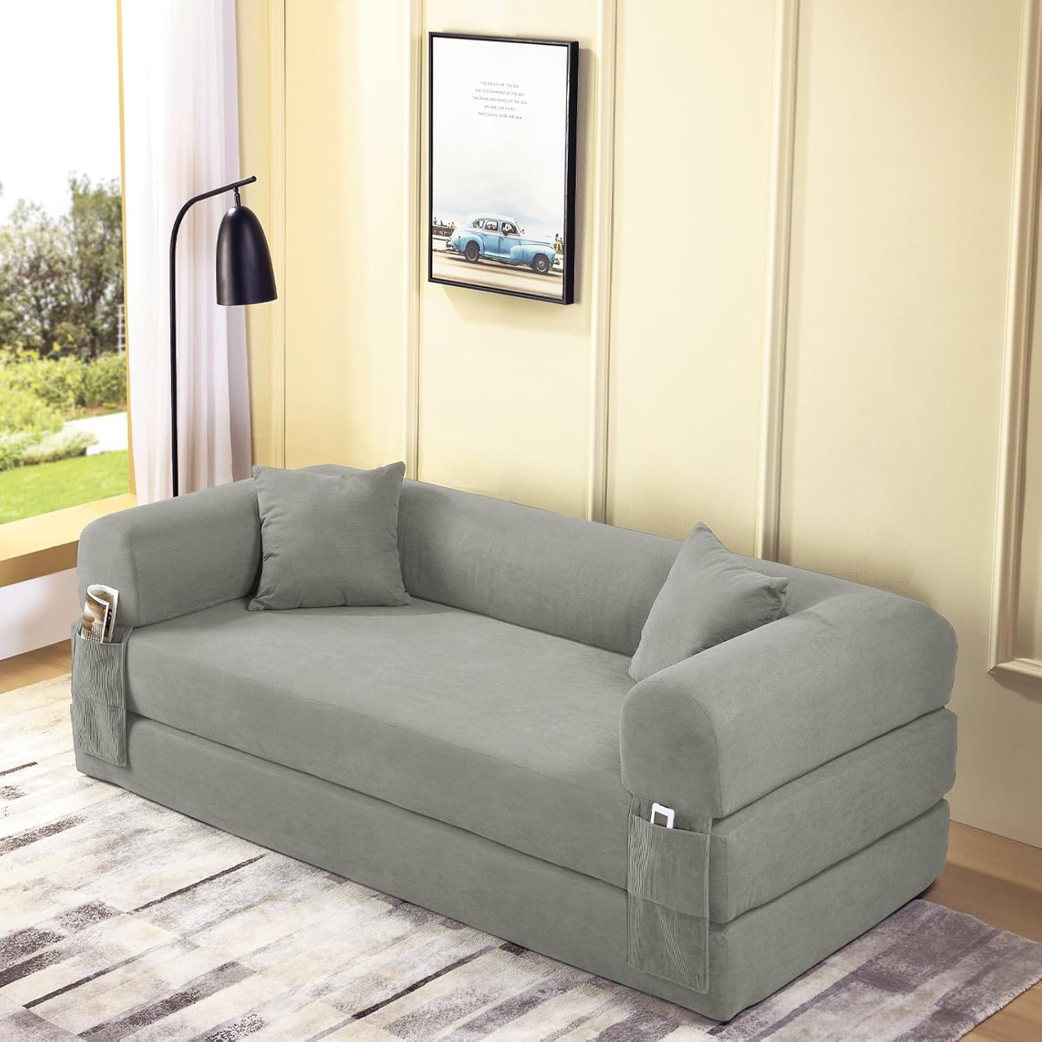 4-in-1 Folding Convertible Sofa Bed, 80 Inch Corduroy Upholstered Boneless Couch, Loveseat Sleeper with Pull Out Bed, Floor Sofa Modular Futon Teddy Sofa for Living Room Bedroom Lounge, Light Gray