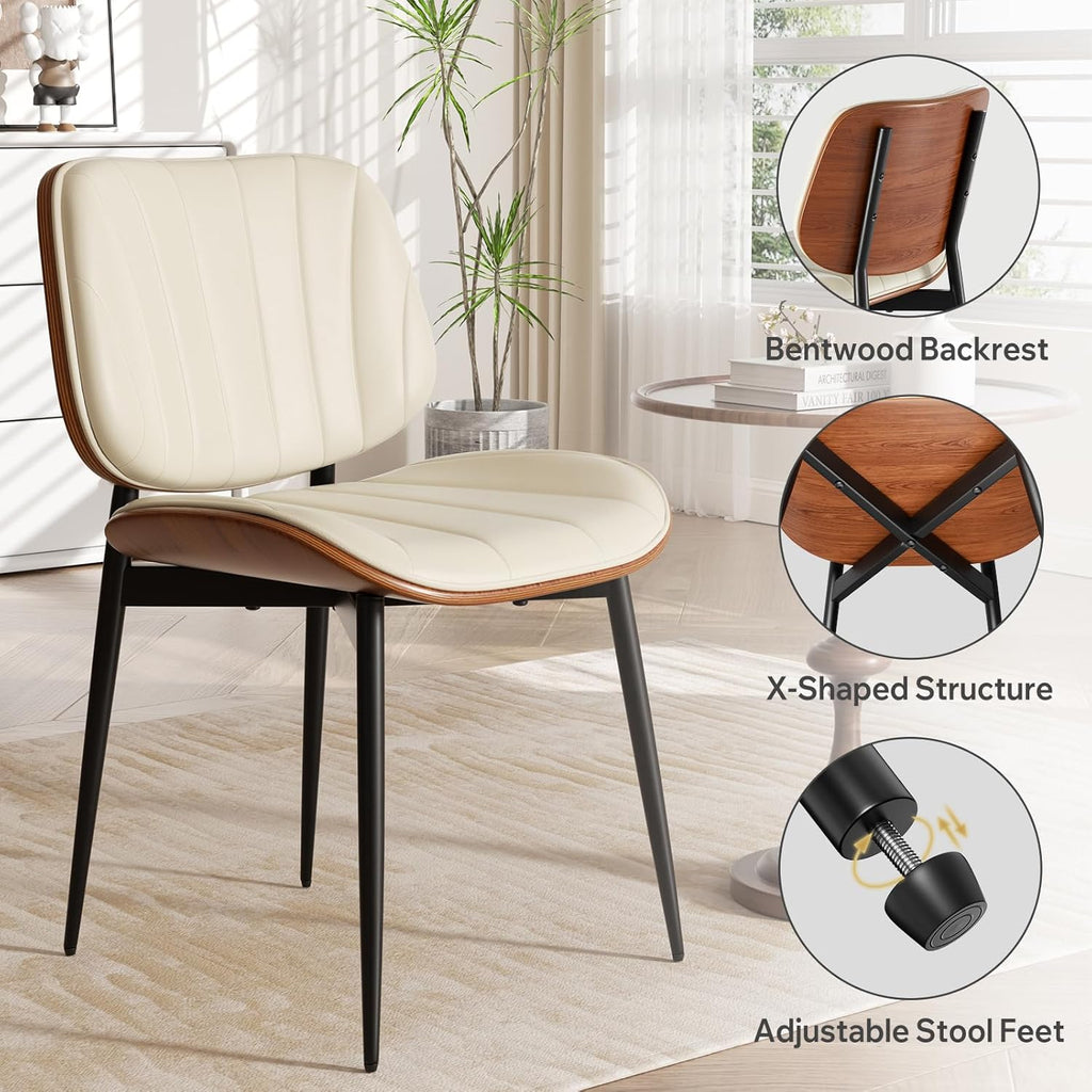 Dining Chairs Set of 4, Mid Century Modern Dining Room Chairs, Upholstered Faux Leather Kitchen Chair with Walnut Bentwood Back for Kitchen Dining Room Living Room, Beige