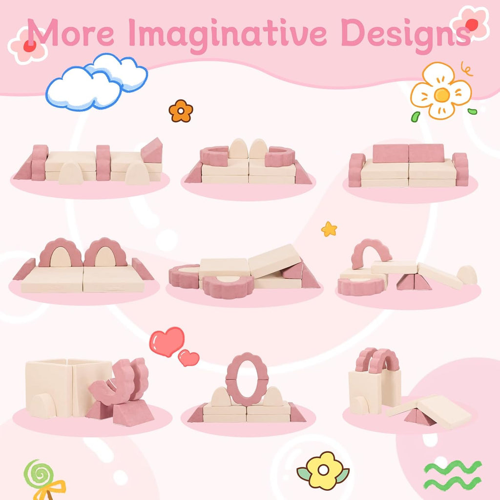 10-Piece Mini Kids Play Couch, Modular Flower Foam Sofa for Toddlers, Convertible Soft Play Sofa with Washable Cover, Indoor Climbing Furniture for Nursery & Playroom, Pink & Beige
