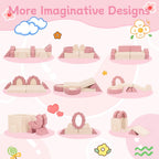 10-Piece Mini Kids Play Couch, Modular Flower Foam Sofa for Toddlers, Convertible Soft Play Sofa with Washable Cover, Indoor Climbing Furniture for Nursery & Playroom, Pink & Beige