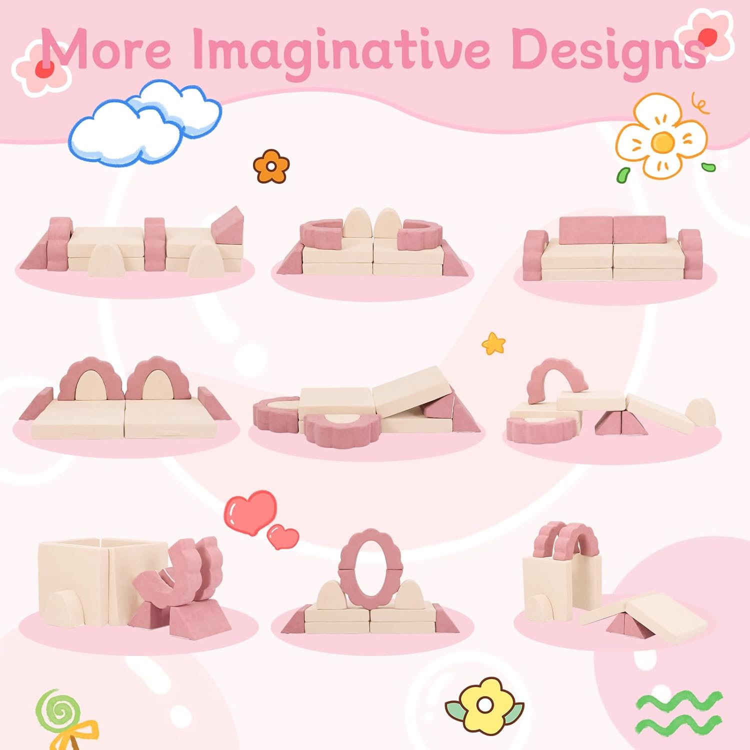 10-Piece Mini Kids Play Couch, Modular Flower Foam Sofa for Toddlers, Convertible Soft Play Sofa with Washable Cover, Indoor Climbing Furniture for Nursery & Playroom, Pink & Beige