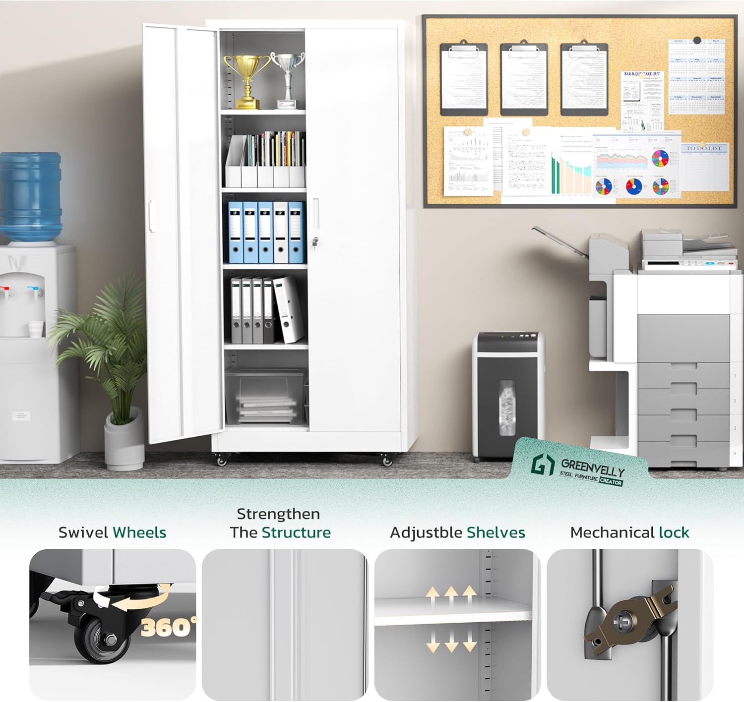 Greenvelly 73" Storage Cabinet with Wheels,Metal Rolling Garage Cabinet with Locking Doors and 4 Adjustable Shelves for Home,Kitchen,Office,Warehouse(32" W x 16" D, White)