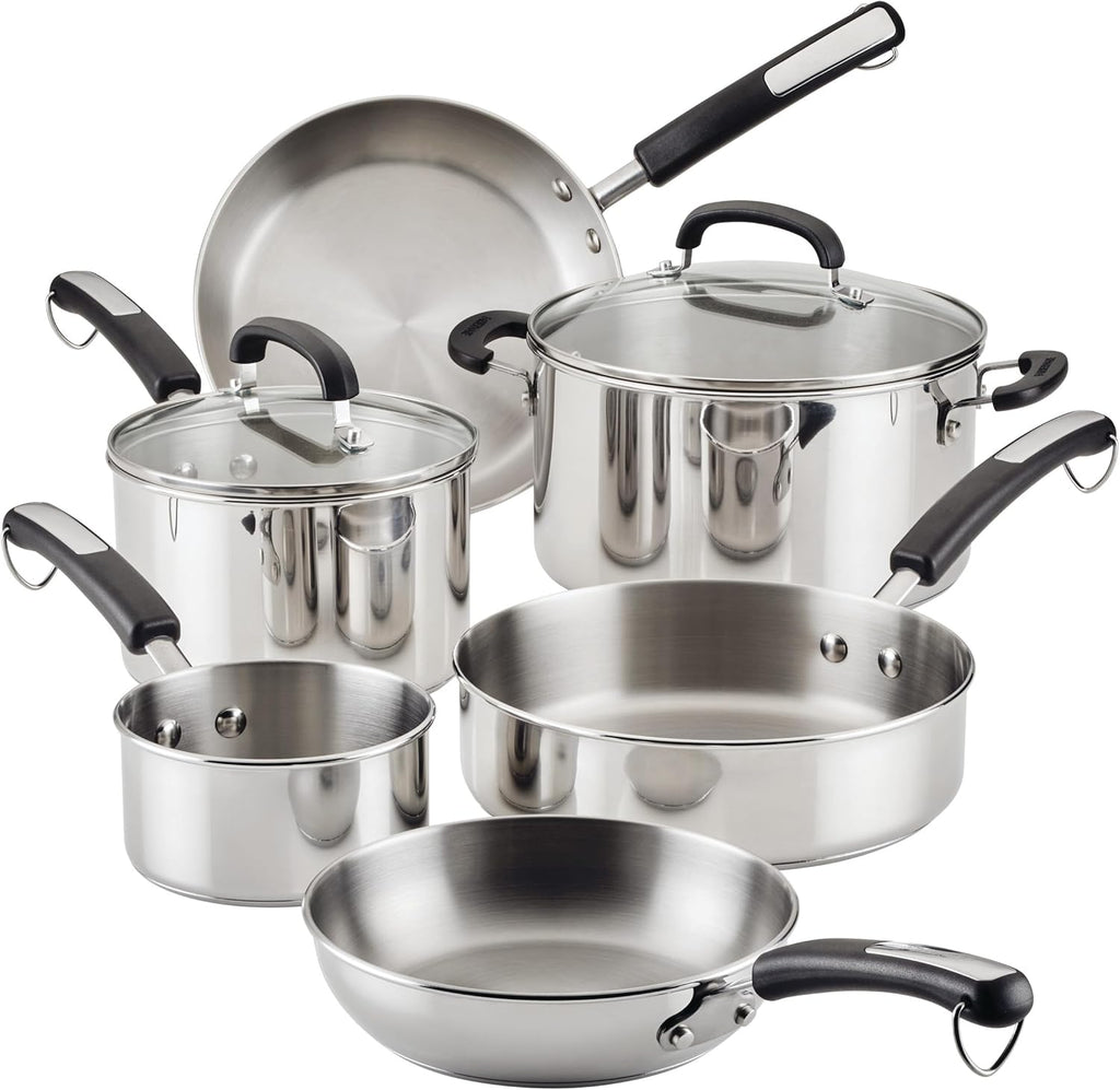 Farberware Brilliance Stainless Steel Cookware Pots and Pans Set with Kitchen Cooking Tools and Glass Lids, 10 Piece, Dishwasher Safe and Induction Ready, Stainless Steel