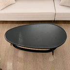 Shrine Oval Wood and Rattan Coffee Table, Mid-Century Modern Coffee Table, Two-Tier Black Walnut Table for Living Room, D47.2''x W25''x H15.3'', Walnut Wood Top and Woven Rattan Base