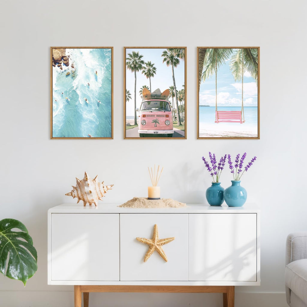Large Summer Beach Surfing Scene Framed Canvas Wall Art Set,Coastal Pink Van and Surfboards Wall Decor,Trendy Beach Swing Palm Trees Artwork for Living Room,Bedroom-24 x36 x3