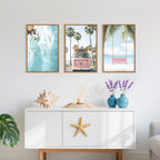 Large Summer Beach Surfing Scene Framed Canvas Wall Art Set,Coastal Pink Van and Surfboards Wall Decor,Trendy Beach Swing Palm Trees Artwork for Living Room,Bedroom-24 x36 x3