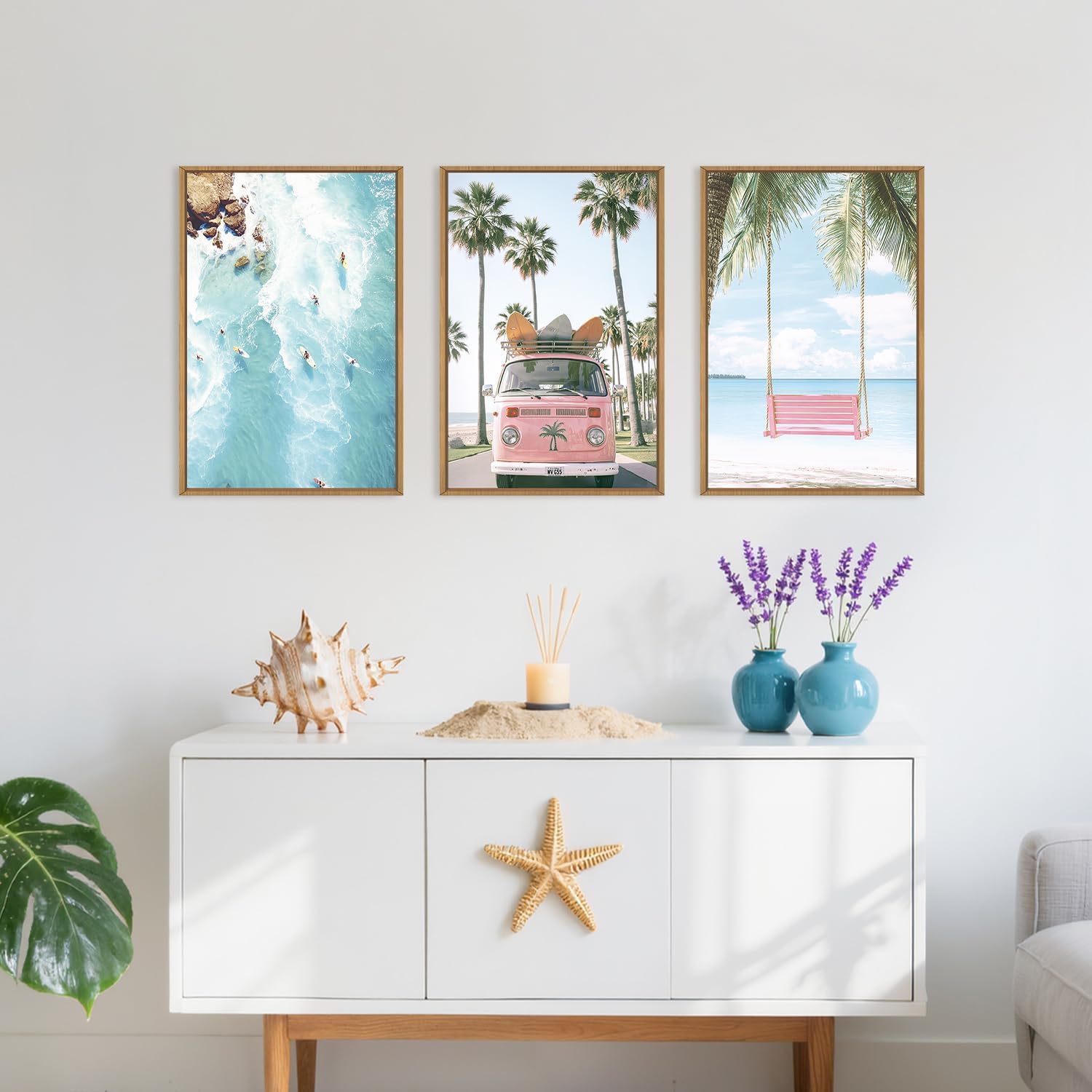 Large Summer Beach Surfing Scene Framed Canvas Wall Art Set,Coastal Pink Van and Surfboards Wall Decor,Trendy Beach Swing Palm Trees Artwork for Living Room,Bedroom-24 x36 x3