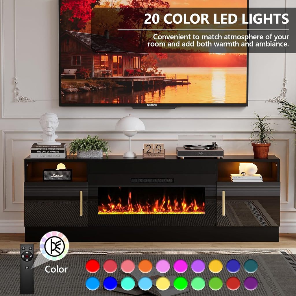 Fireplace TV Stand with 36'' Electric Fireplace, 70'' TV Media Entertainment Center with Fireplace Up to 80 inch,Modern LED TV Console for Living Room (Black with Black Fireplace)