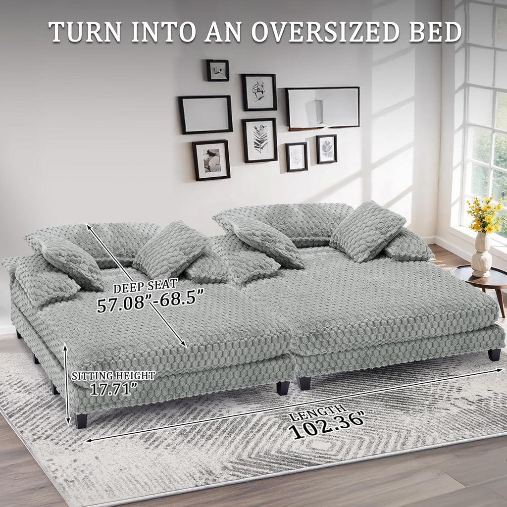 Faux Fur Chaise Lounge Indoor with Adjustable Backrest, 59 Inches Single Sleeper Sofa Chair with 3 Lumbar Pillows, Upholstered Oversized Lounge Chair for Living Room, Bedroom, Office