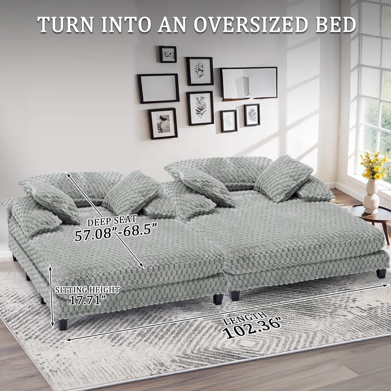 Faux Fur Chaise Lounge Indoor with Adjustable Backrest, 59 Inches Single Sleeper Sofa Chair with 3 Lumbar Pillows, Upholstered Oversized Lounge Chair for Living Room, Bedroom, Office