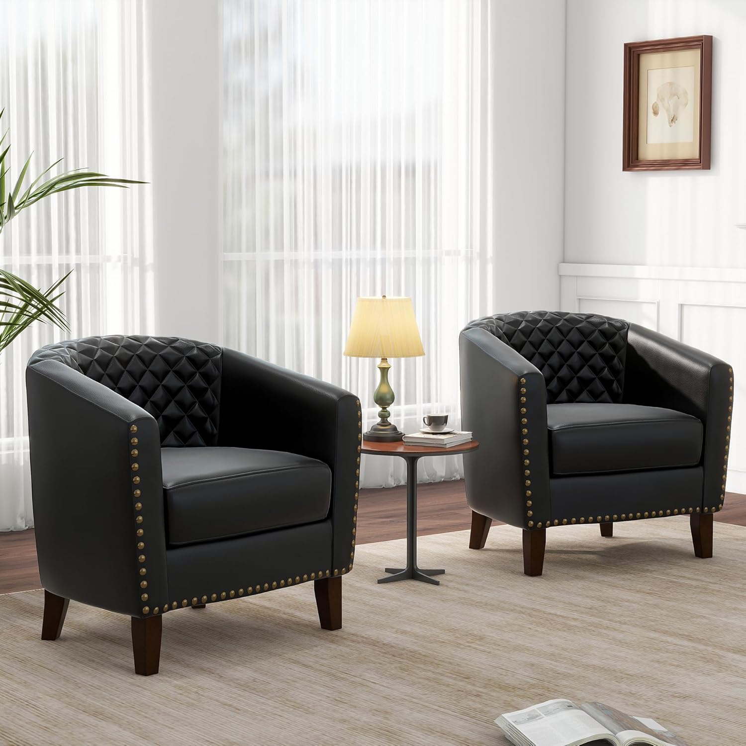 Pia Ricco Faux Leather Barrel Accent Chairs Set of 4, Modern Club Arm Chair Comfy Upholstered Single Sofa Chair with Solid Wood Legs and Nailhead Trim for Living Room/Reading Room, Black