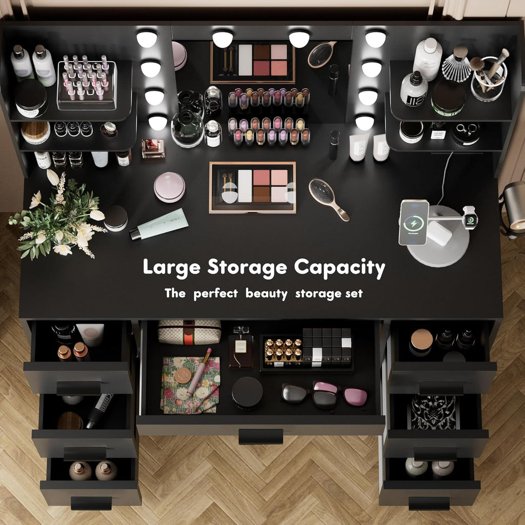 YESHOMY Vanity Desk with Mirror, Power Outlet and 10 Lights, Makeup Table with 7 Drawers, 3 Color Modes Available for Bedroom, Black