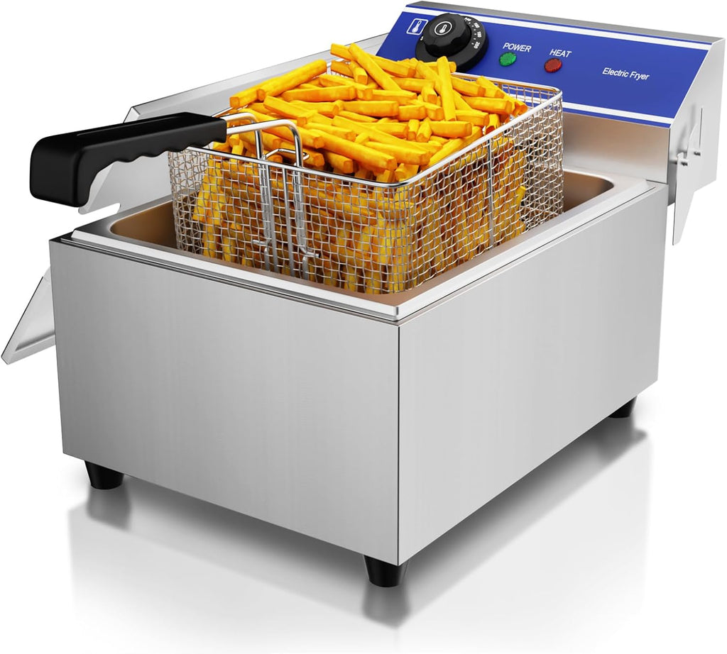 DULONG Commercial Electric Deep Fryer,10.57/10L Countertop Stainless Steel Deep Fryer with Basket,1500W Temperature Control Single Large Tank Fryer for Restaurant Home Kitchen
