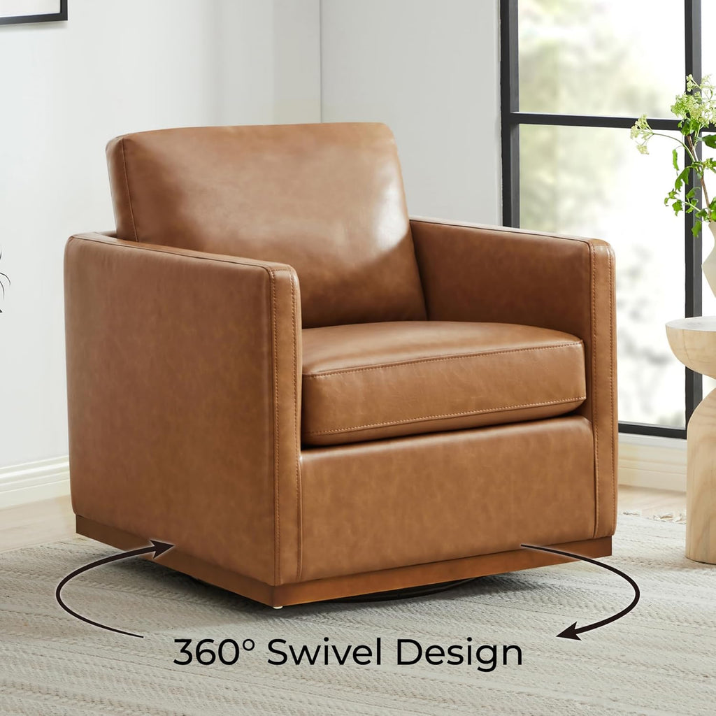 CHITA Swivel Accent Chair, Faux Leather FSC Certified Mid Century Modern Arm Chair for Living Room and Bedroom, Fully Assembled, Saddle Brown