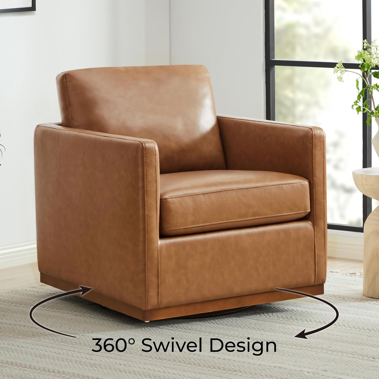 CHITA Swivel Accent Chair, Faux Leather FSC Certified Mid Century Modern Arm Chair for Living Room and Bedroom, Fully Assembled, Saddle Brown