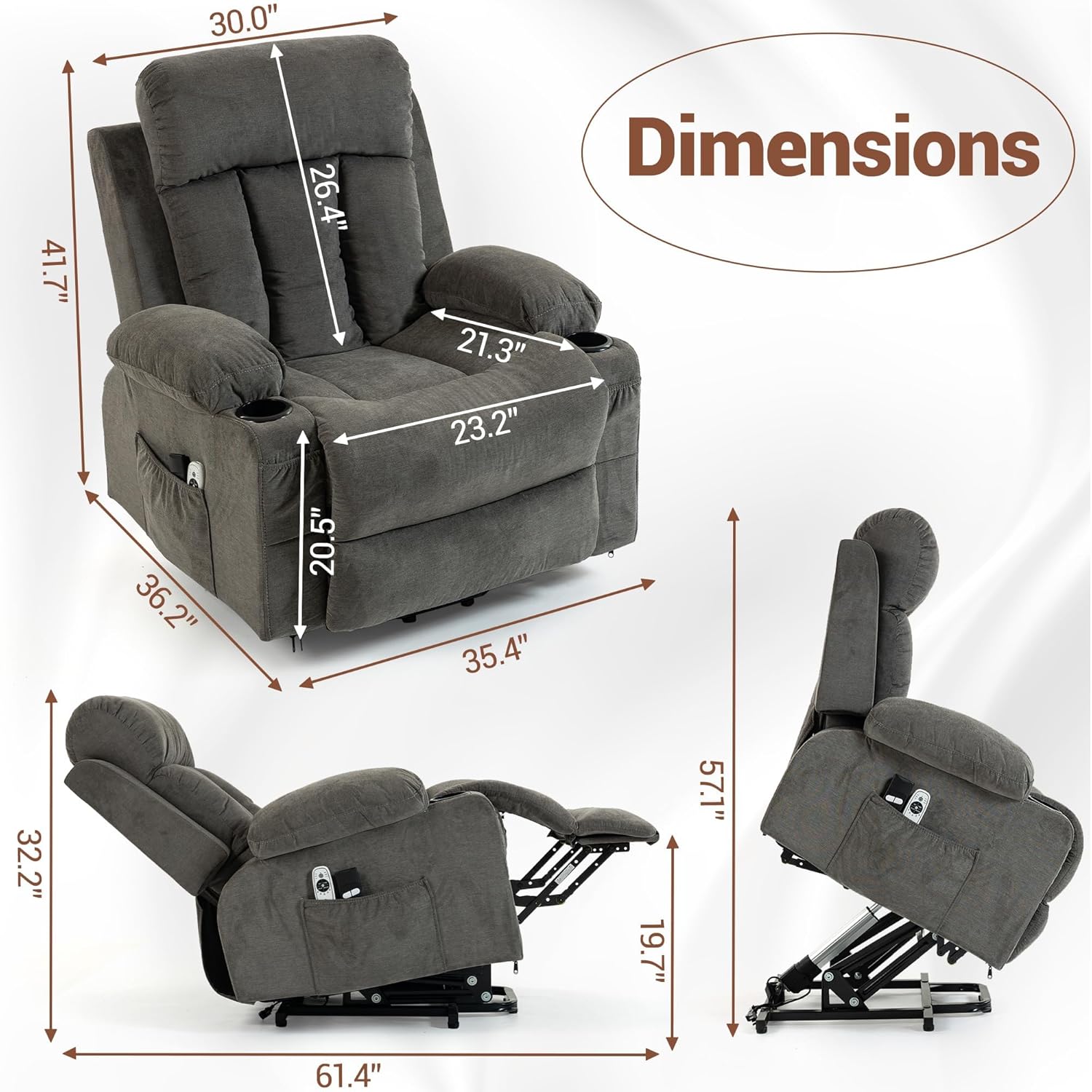 Lift Chair for Elderly with 8 Vibration Points Massage and Heat, Power Electric Recliner Featuring Cup Holders Side Pockets & USB Charge Port for Living Room, Gray