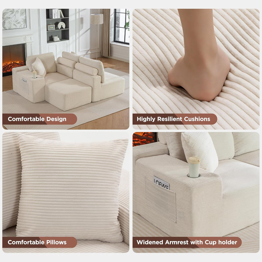 110"Modular Sectional Sofa Couches,Convertible L-Shape Cloud Couch 3 Seat Oversize Chaise with Ottoman,Compressed Foam,Comfy Boneless,Side Pockets,Cup Holders, for Living Room,Apartment,Corduroy Beige