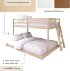 Grain & Grove Bear Twin Over Full Bunk Bed, Low Bunk Bed Frame for Kids, Bunk with Ladder, Guardrail and Slats, No Box Spring Required, Oak Embossed Natural