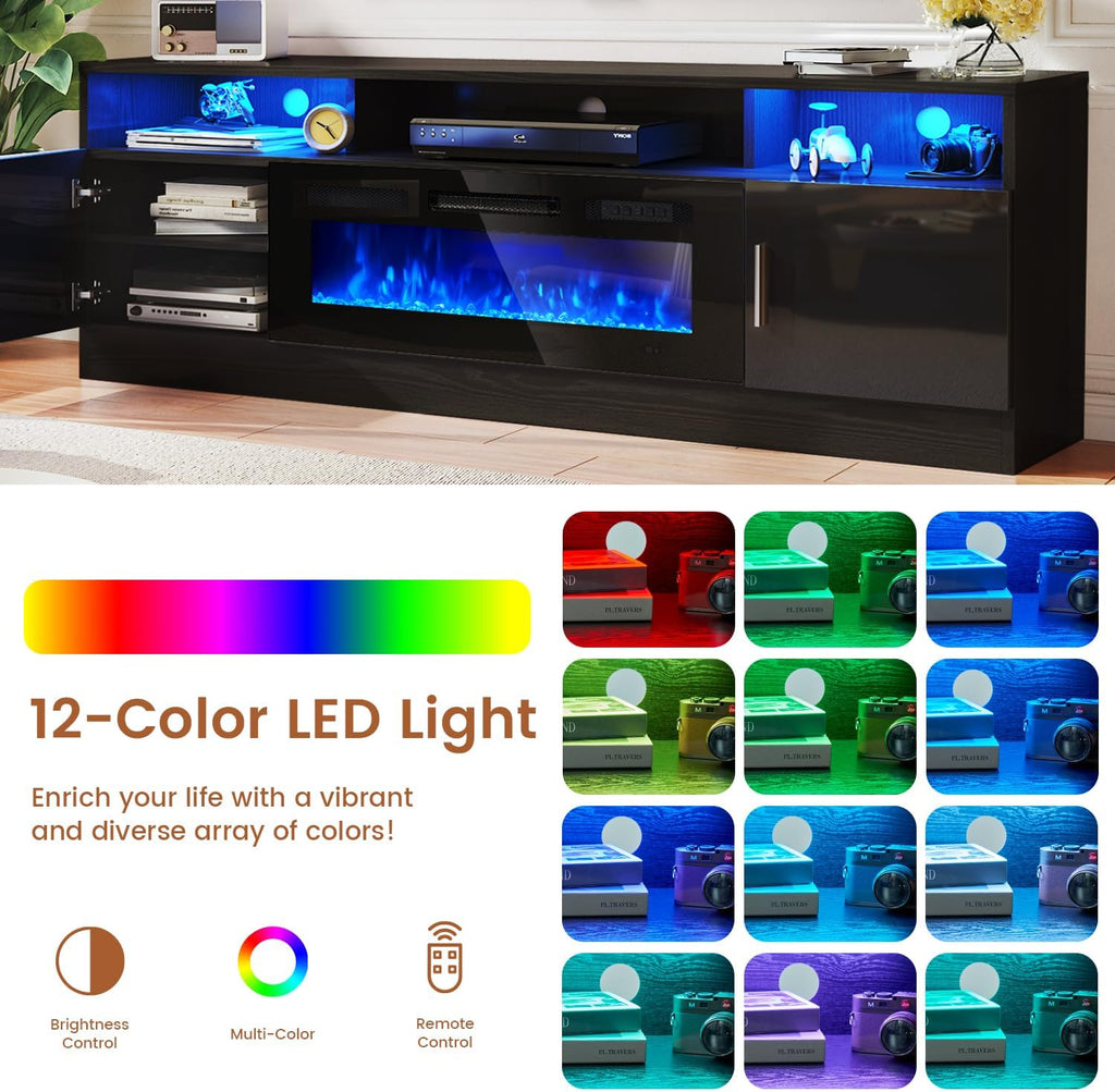 MXV 70" Fireplace TV Stand with Power Outlet for TVs UP to 80", Electric Fireplace Entertainment Center with LED Lights & Storage Cabinets, TV Console for Living Room, Office, Black-Black