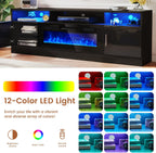 MXV 70" Fireplace TV Stand with Power Outlet for TVs UP to 80", Electric Fireplace Entertainment Center with LED Lights & Storage Cabinets, TV Console for Living Room, Office, Black-Black