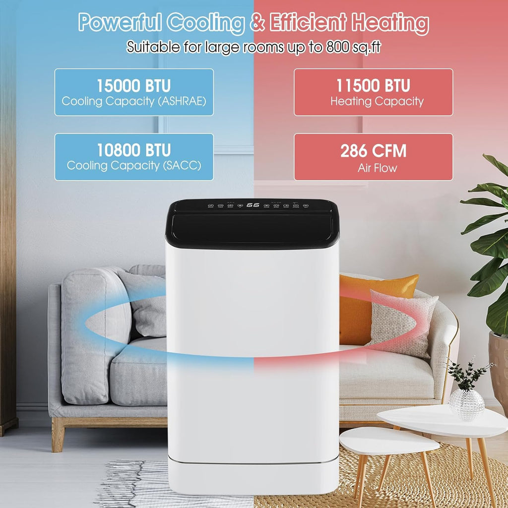 15000 BTU Portable Air Conditioner w/Heating, Dehumidifying, and Auto Swing Functions, APP/Remote Control, 24H Timer, with Window Installation Kit Included, Suitable for Spaces up to 800 Square Feet