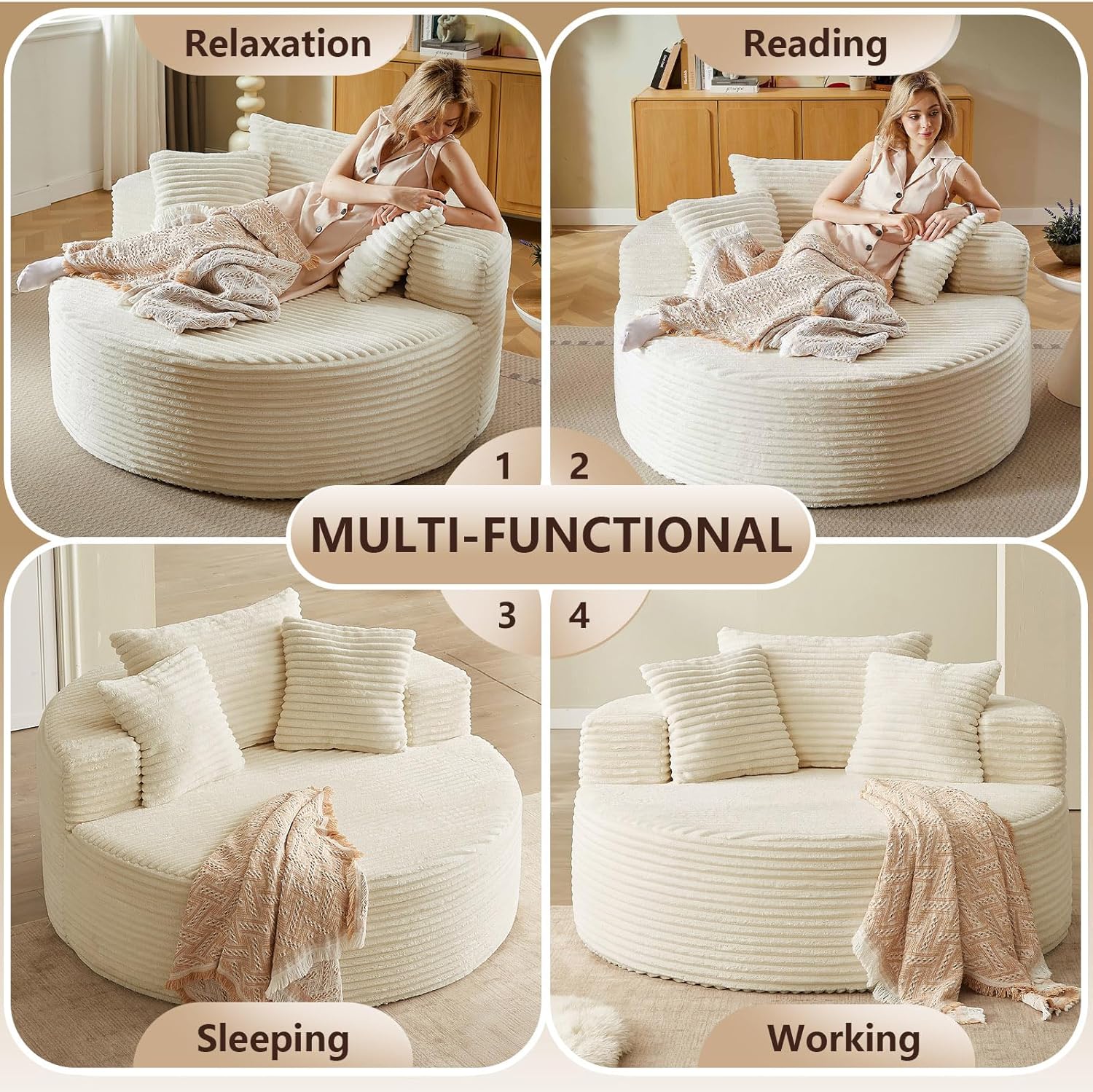 Oversized Round Chair Lounge Chaise Indoor, Upholstered Corduroy Deep Seat Cloud Large Circle Sofa Chair, No Assembly Required, Fluffy Modern Sleeper Sofa Bed for Reading, Light White