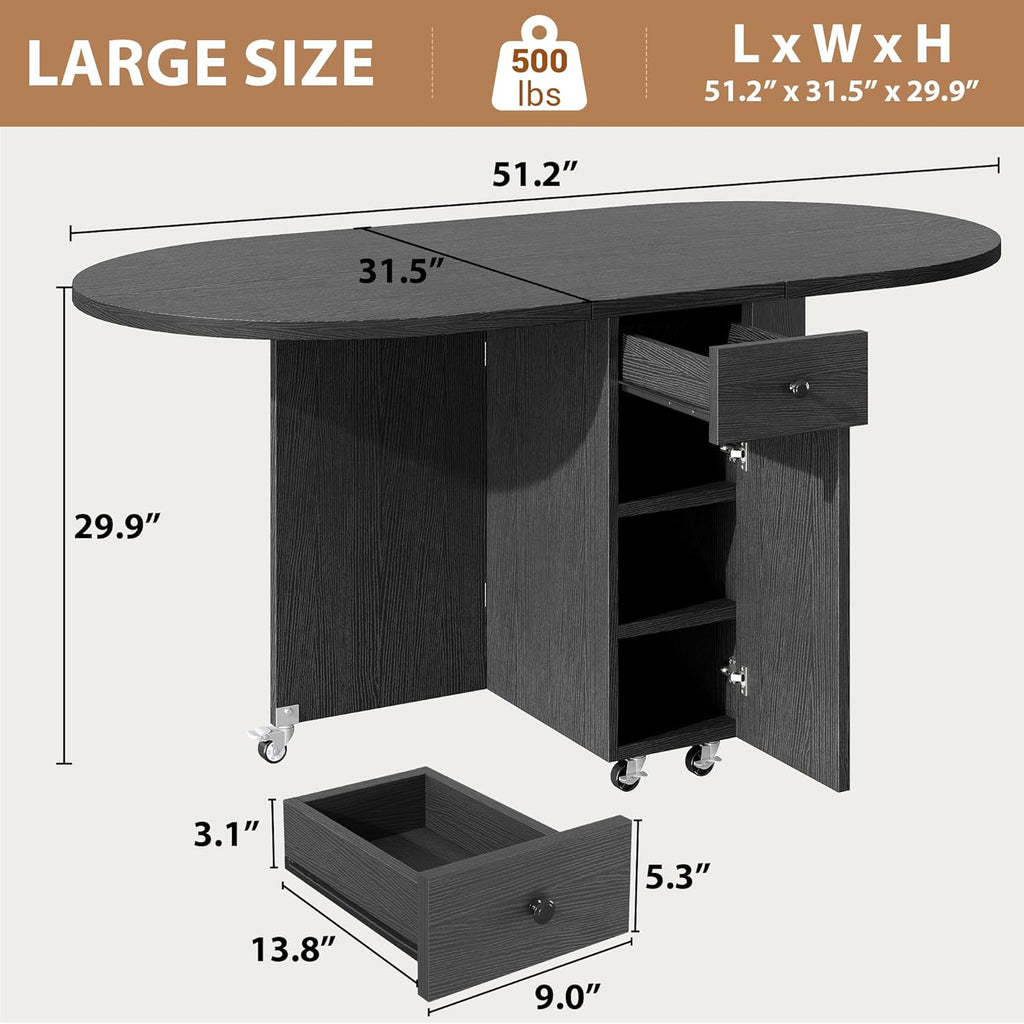 Jocoevol Round Folding Dining Table for 6, Space Saving Drop Leaf Kitchen Table with Storage Drawer, 6 Wheels Oval Gateleg Foldable Dining Table for Small Spaces (Black, 51" x 31.5" x 30")