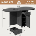 Jocoevol Round Folding Dining Table for 6, Space Saving Drop Leaf Kitchen Table with Storage Drawer, 6 Wheels Oval Gateleg Foldable Dining Table for Small Spaces (Black, 51" x 31.5" x 30")