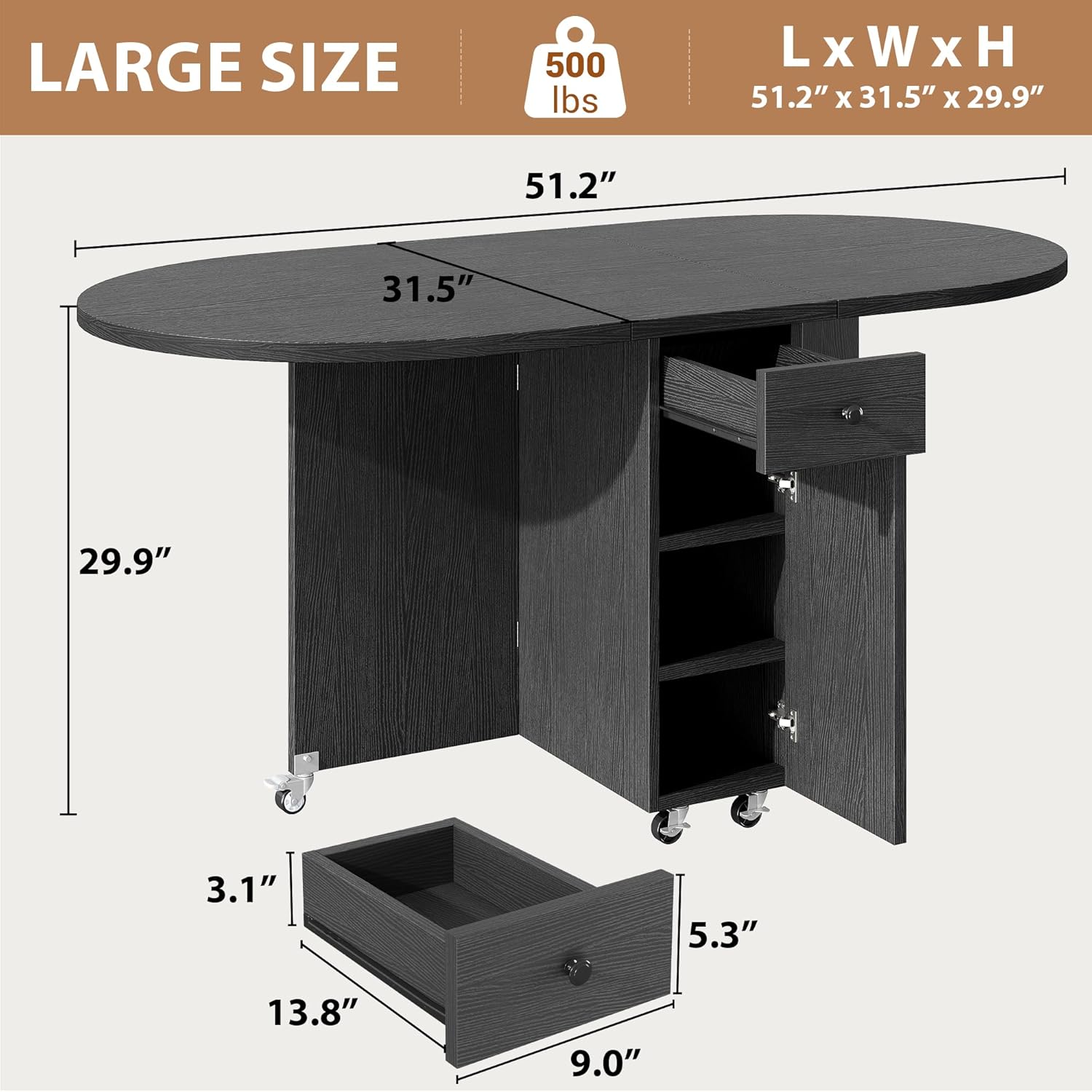 Jocoevol Round Folding Dining Table for 6, Space Saving Drop Leaf Kitchen Table with Storage Drawer, 6 Wheels Oval Gateleg Foldable Dining Table for Small Spaces (Black, 51" x 31.5" x 30")