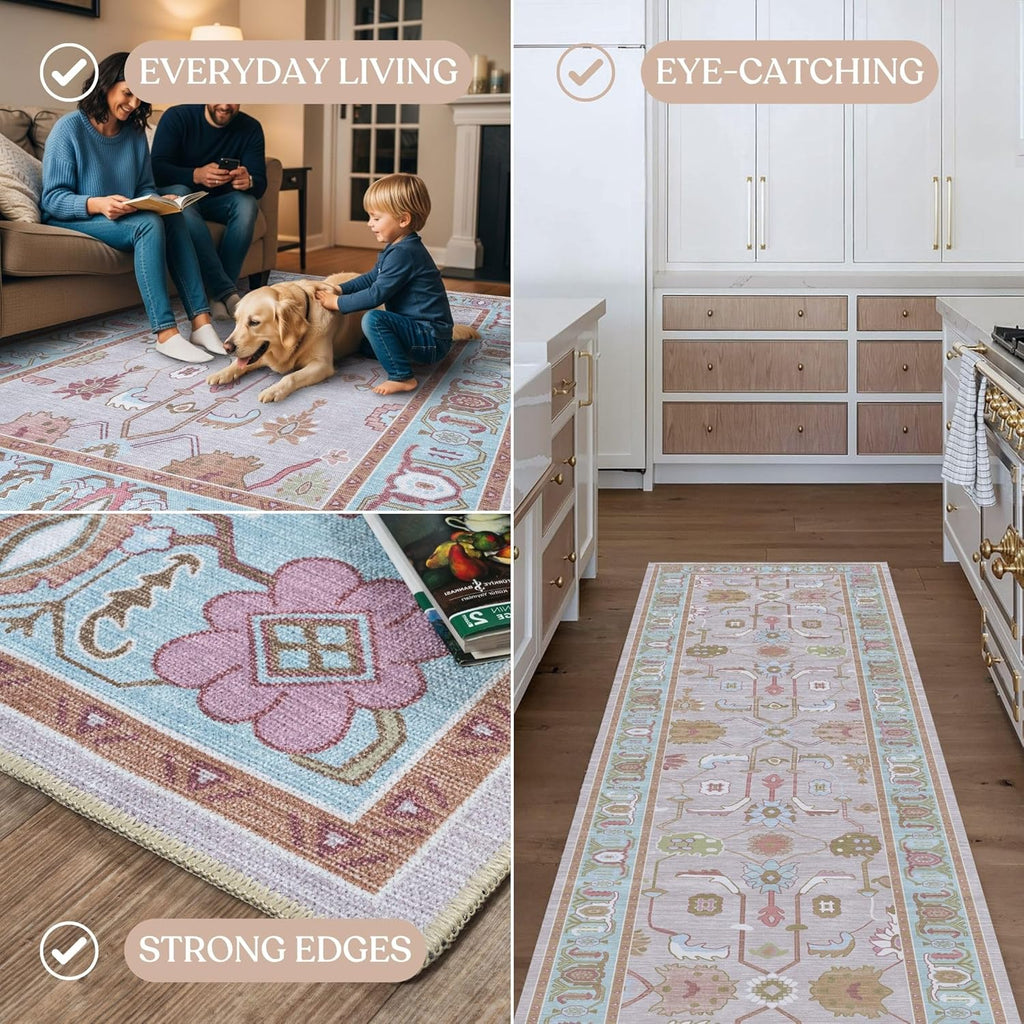 Fame Living Pink Oushak Rug, Modern, Vintage, Turkish, Eclectic, Floral, Pastel, Washable, Area Rugs for Living Room, Dining, Bedroom, Nursery, Girls, Boys, 5'9"x8'9"