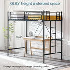 VINGLI 71 Inches Tall Loft Bed Twin Size with Flat Ladder Rung for Kids Teens Adults Heavy Duty Metal Single Bunk Bed Loft with Safety Guard Rails for Small Space, Black