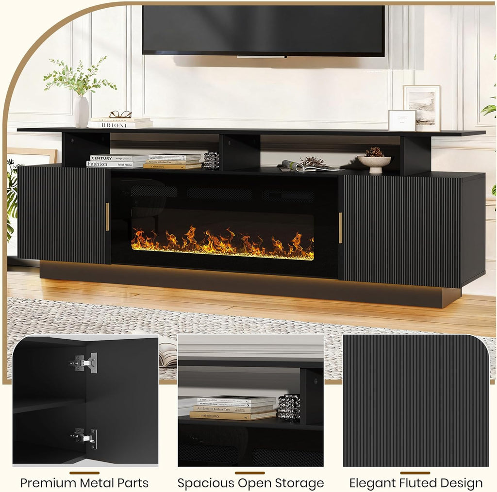 70” Fluted TV Stand with 36” Electric Fireplace, 2 Tier TV Console Cabinet with Storage Cabinet, LED Lights, Power Outlet, Modern Wood Entertainment Stand Fits TVs up to 80" for Living Room (Black)