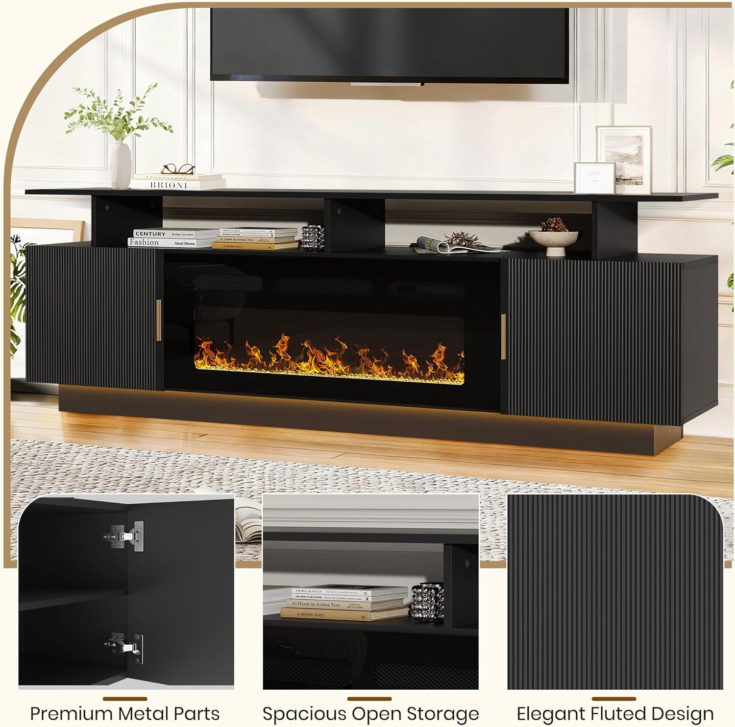 70” Fluted TV Stand with 36” Electric Fireplace, 2 Tier TV Console Cabinet with Storage Cabinet, LED Lights, Power Outlet, Modern Wood Entertainment Stand Fits TVs up to 80" for Living Room (Black)