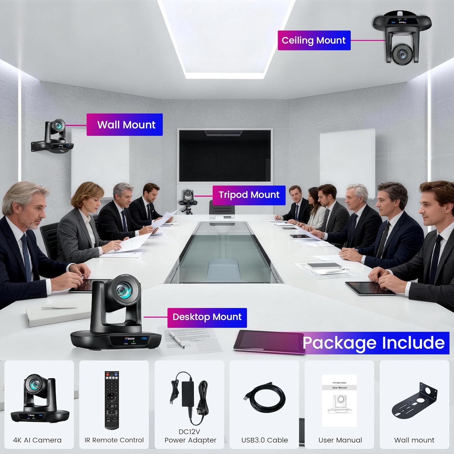 4K UHD PTZ Camera AI-Auto Tracking, 20X Optical Zoom, USB3.0/HDMI/LAN PoE, IP Live Streaming, PTZ Conference Room Camera for Church Services Education Conference Events, Work with YouTube OBS