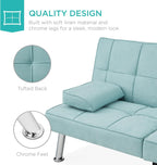 Best Choice Products Linen Modern Folding Futon, Reclining Sofa Bed for Apartment, Dorm w/Removable Armrests, 2 Cupholders - Aqua