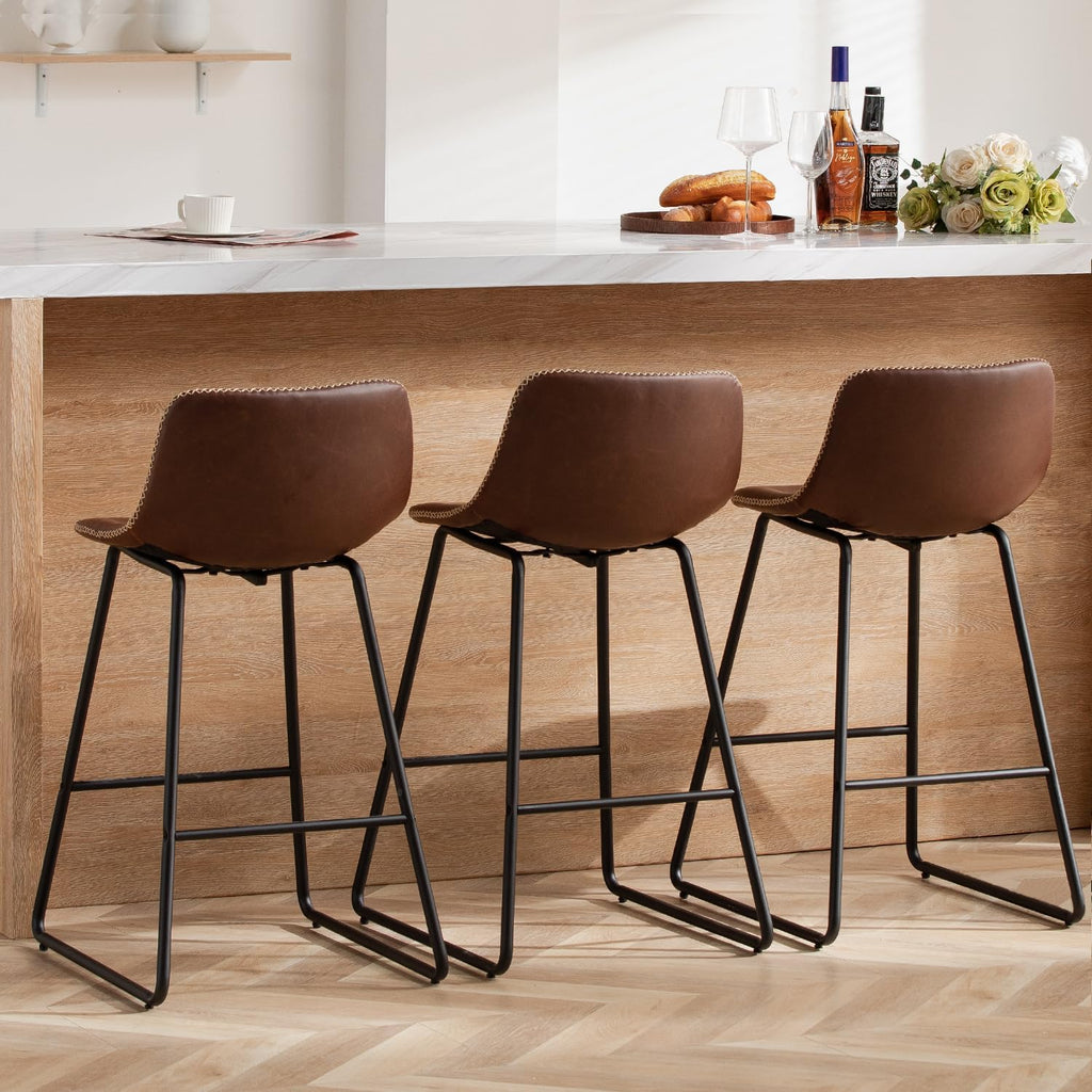 HeuGah Counter Height Bar Stools Set of 3, Brown Barstools with Back Support 26 Inch Faux Leather Bar Stools for Kitchen Island Counter Height Bar Chairs with Metal Legs