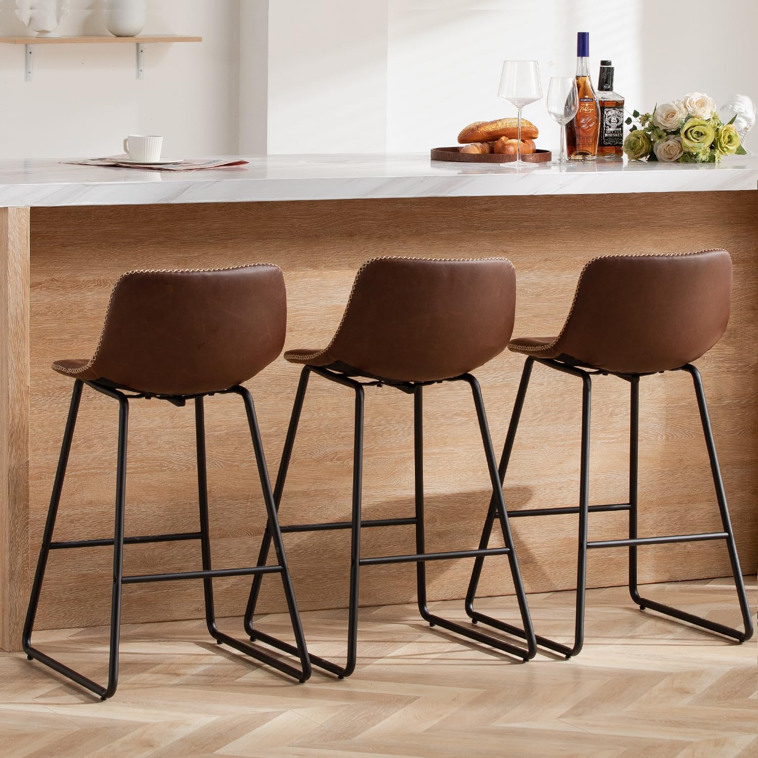 HeuGah Counter Height Bar Stools Set of 3, Brown Barstools with Back Support 26 Inch Faux Leather Bar Stools for Kitchen Island Counter Height Bar Chairs with Metal Legs