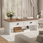 Farmhouse Coffee Table with Storage,62.6" Wide Rustic Center Table with Hidden Storage Compartment, Wood Dining Table for Living Room,Office,Antique White