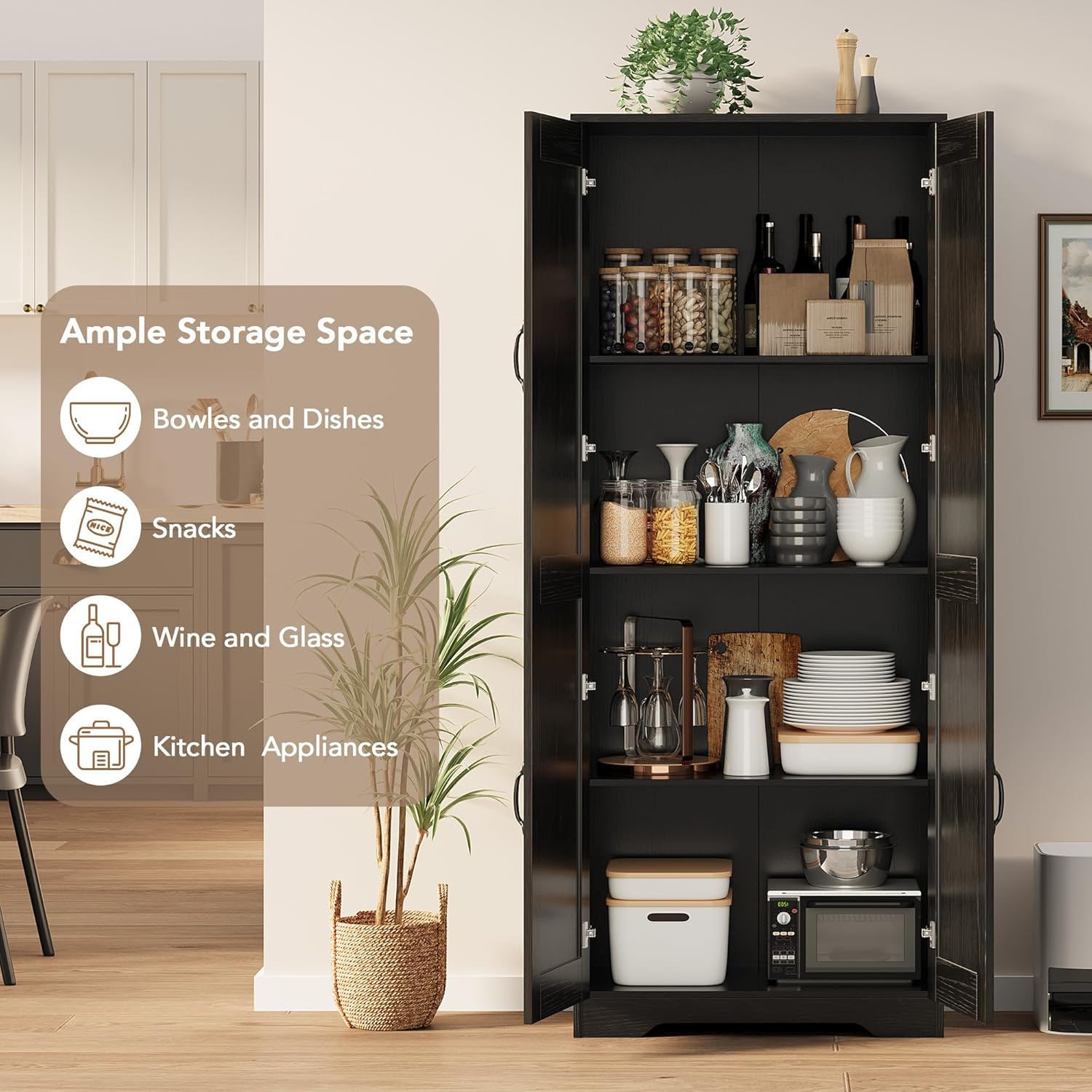 IDEALHOUSE Tall Pantry Cabinet, 60" Kitchen Pantry Storage Cabinet with 2 Doors and Adjustable Shelves, Freestanding Kitchen Cabinet, Cupboard for Dining Room, Bathroom, Antique Black