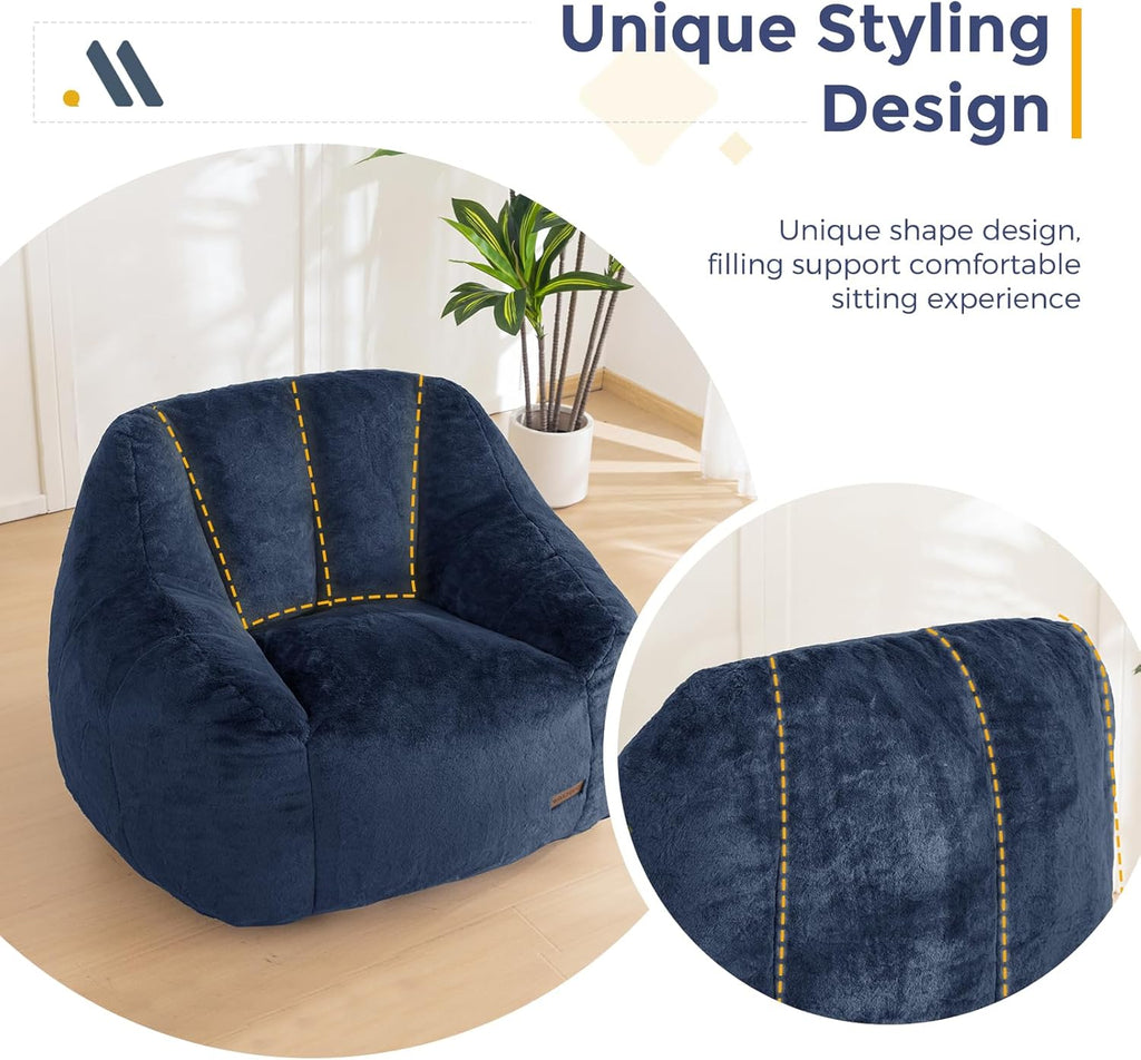 MAXYOYO Bean Bag Chair, Comfy Bean Bag Sofa with Back Support, Faux Fur Bean Bag Chair for Adults and Kids, Stuffed Floor Sofa for Living Room, Bedroom, Apartment, Navy