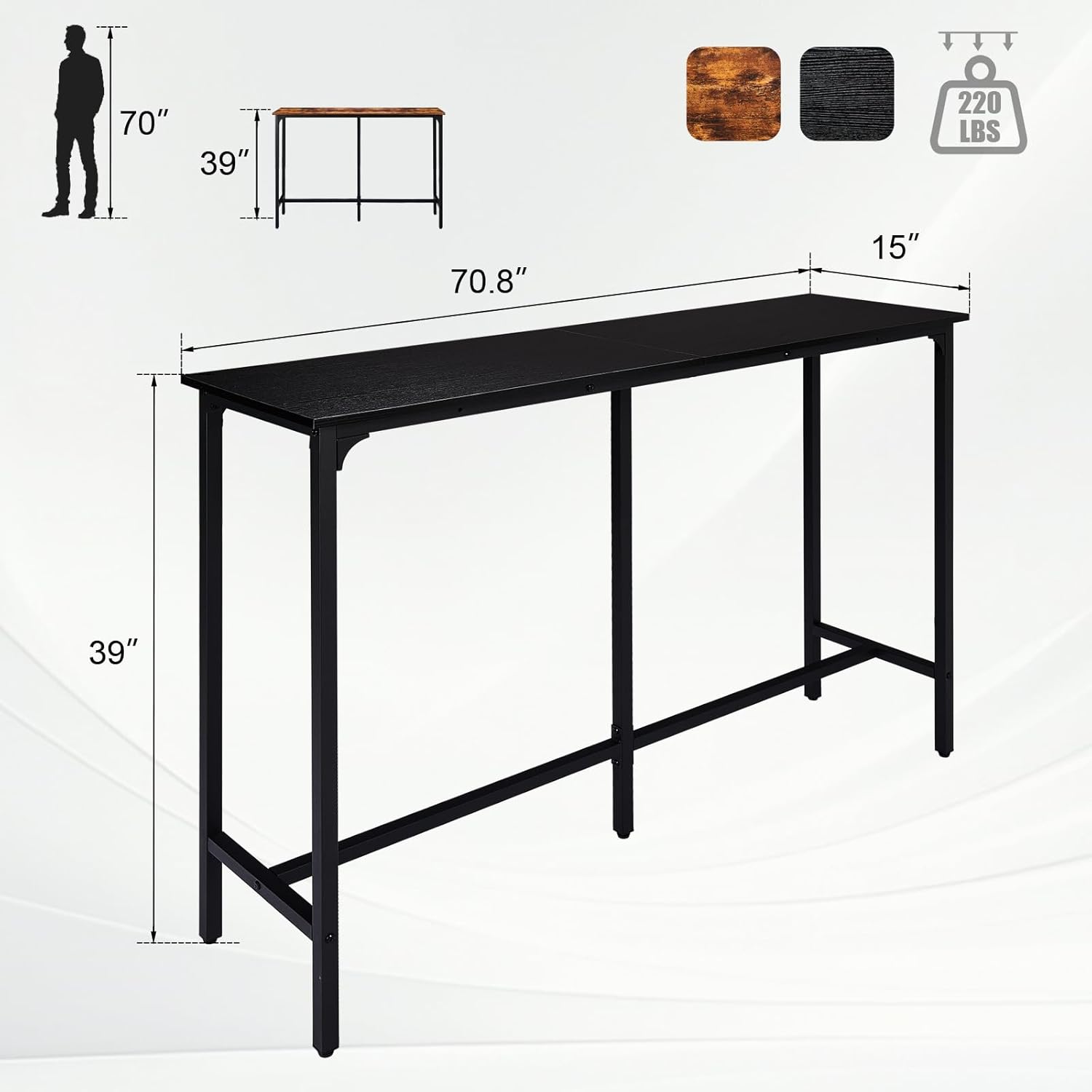 Karl home 71" Bar Table, Rectangular High Top Bar Counter Tables with Sturdy Metal Legs, Counter Height Bar Table for Small Space, Dining&Kitchen, Living Room, Easy Assembly, Black