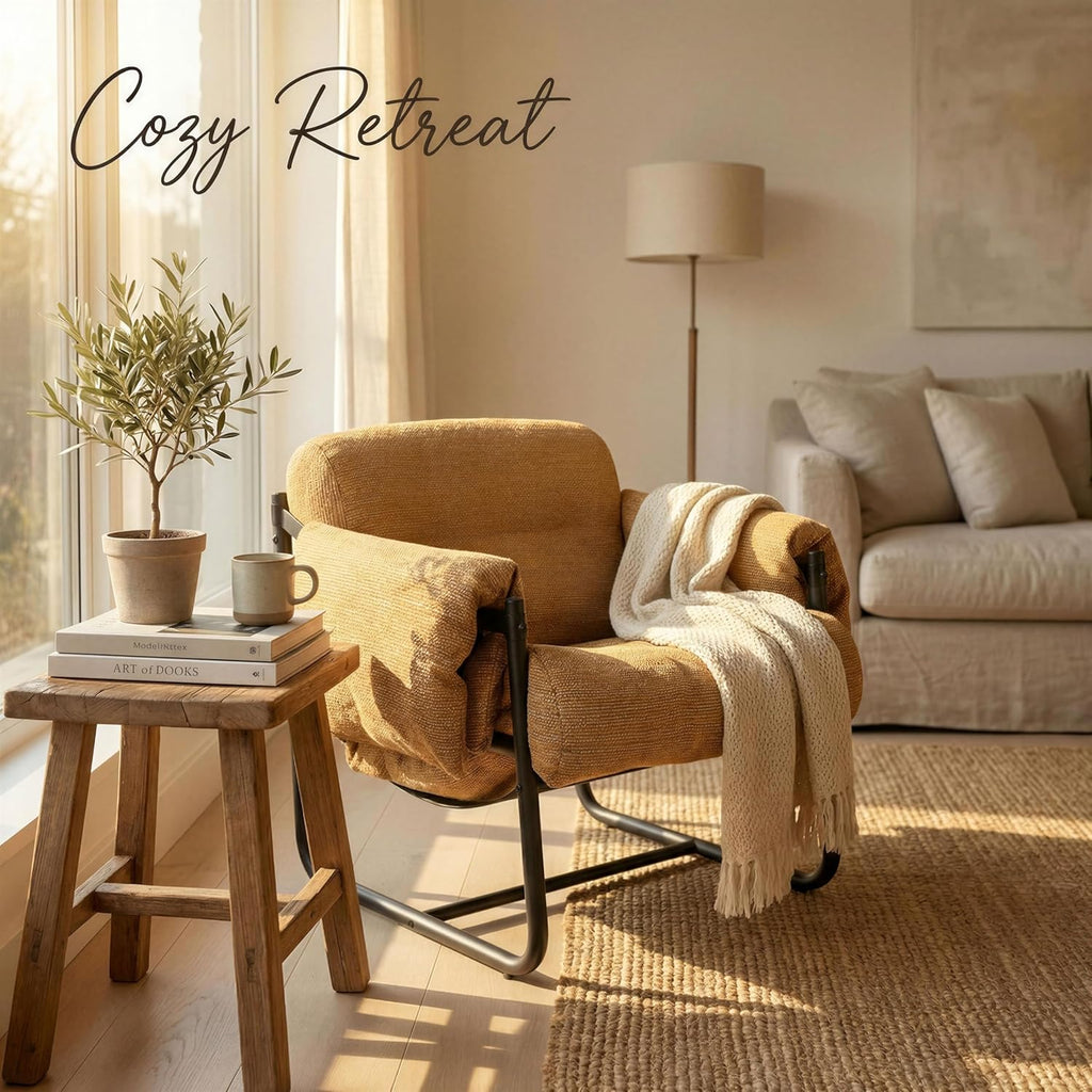 Kinfant Mid Century Modern Accent Chair, Chunky Upholstered Armchair with Metal Frame, Oversized Lounge Chair for Living Room Bedroom Small Spaces, Textured Chenille Fabric, Caramel Brown
