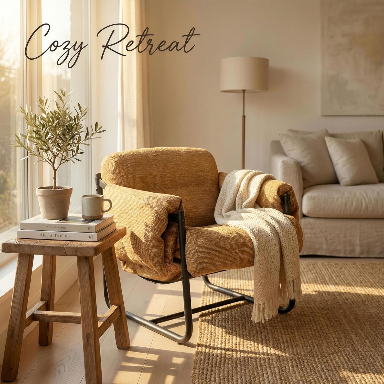 Kinfant Mid Century Modern Accent Chair, Chunky Upholstered Armchair with Metal Frame, Oversized Lounge Chair for Living Room Bedroom Small Spaces, Textured Chenille Fabric, Caramel Brown