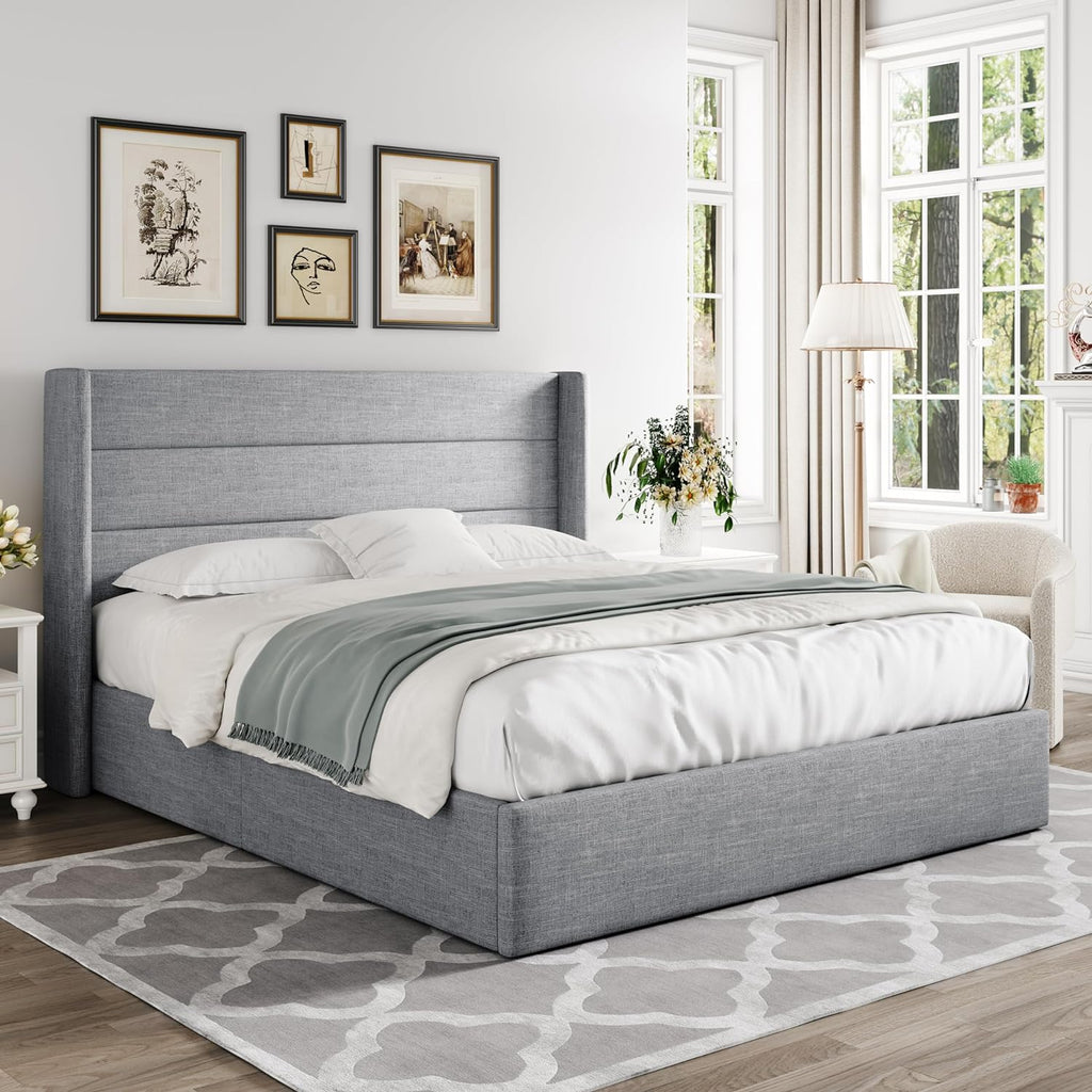 Allewie Queen Size Lift Up Storage Bed, Modern Wingback Headboard, Hydraulic Support, No Box Spring Needed, Light Grey