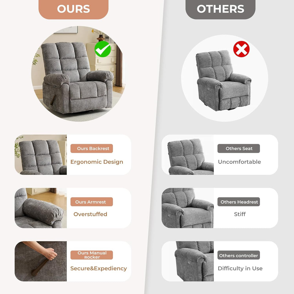 Swivel Rocker Recliner Chair with Heat and Massage, Oversized Rocker Recliner with Overstuffed Backrest,Swivel Glider Recliner for Living Room,Grey