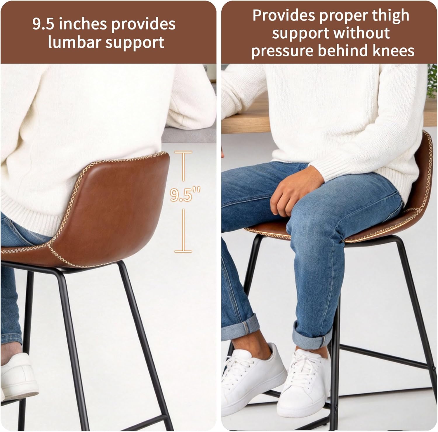 HeuGah Counter Height Bar Stools Set of 3, Brown Barstools with Back Support 26 Inch Faux Leather Bar Stools for Kitchen Island Counter Height Bar Chairs with Metal Legs