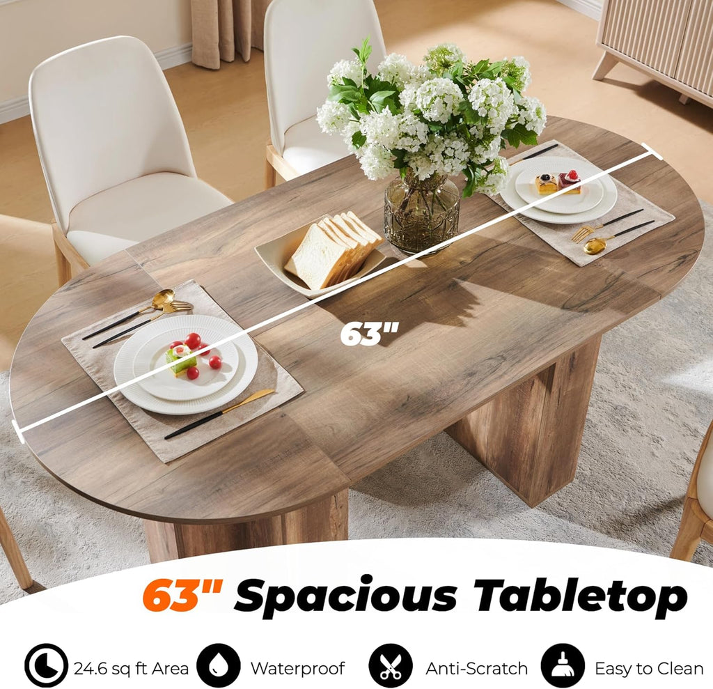 OKD 63 Inch Modern Wood Oval Dining Table for 4-6, Dining Room Table with Stable T-Shaped Base & Metal Frame & Thick Tabletop, Sturdy Kitchen Table for Dinner Room, Kitchen, Gathering, Rustic Oak